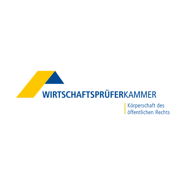 Das Bild zeigt das Logo der Wirtschaftsprüferkammer mit einem grafischen Element in Blau und Gelb sowie dem Schriftzug „WIRTSCHAFTSPRÜFERKAMMER Körperschaft des öffentlichen Rechts“.