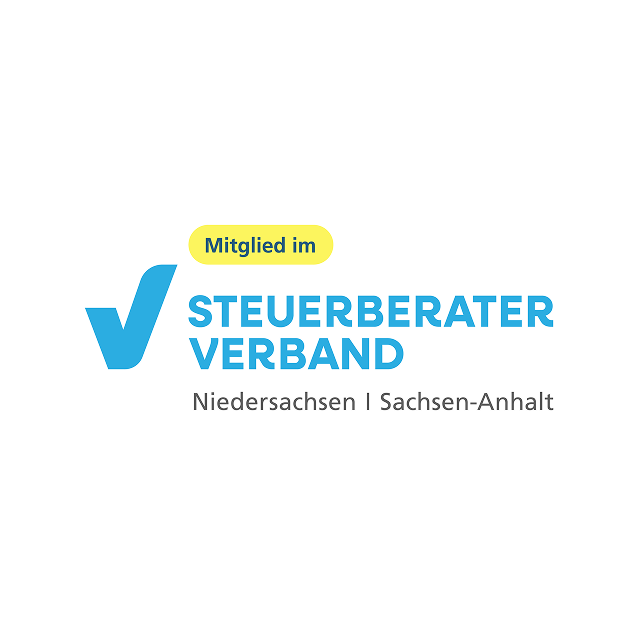 Das Bild zeigt ein Logo mit dem Text „Mitglied im Steuerberater Verband Niedersachsen | Sachsen-Anhalt“. Das Logo enthält ein stilisiertes blaues „V“ und ist in einem modernem Design gehalten.